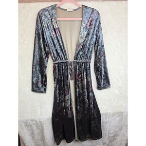 Mystree Gray Floral Crushed Velvet Kimono Cardigan Tassel Tie Small 16713